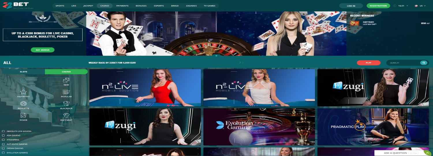 22bet homepage features live casino games