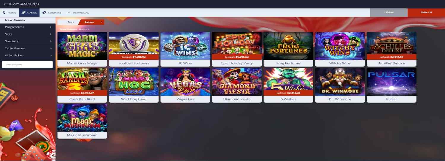 Cherry Jackpot's home page and featured games