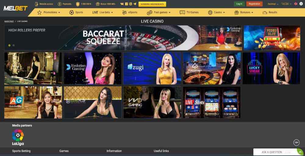 Melbet's homepage featuring live casino games